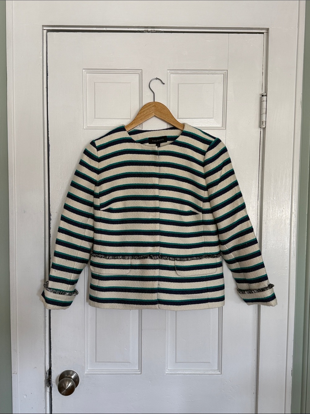 Talbots Cream Jacket with Green and Navy Stripes